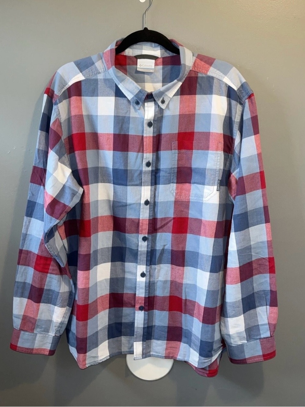 Columbia Cotton Flannel Button Down Shirt Mens XL Blue Red Plaid Long Sleeve